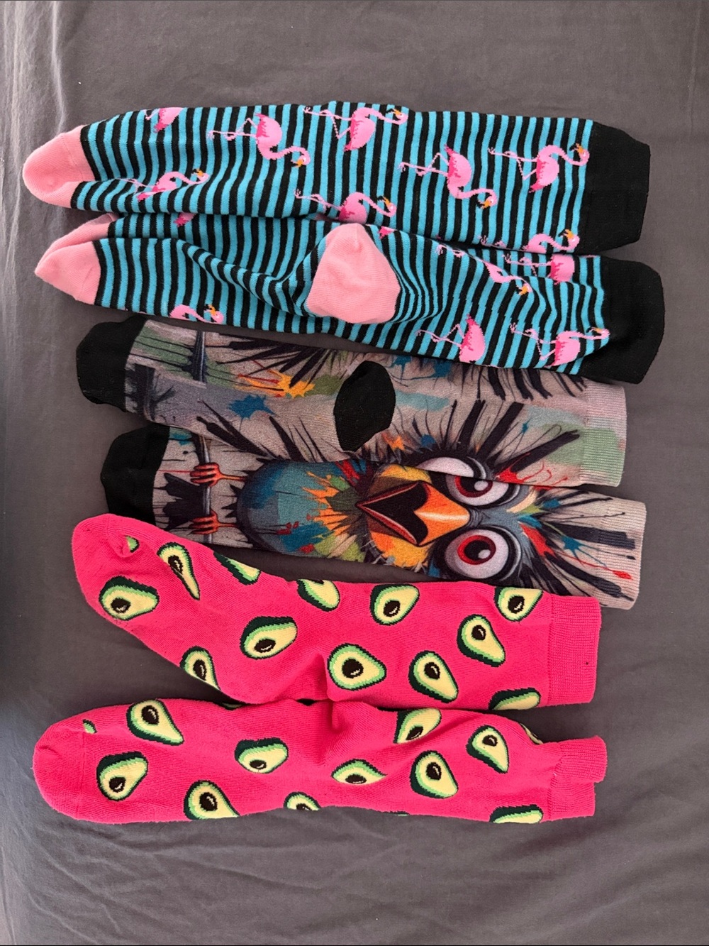 Colorful Adult Crew Socks Pack - Pink Flamingo, Avocado & Parrot Designs